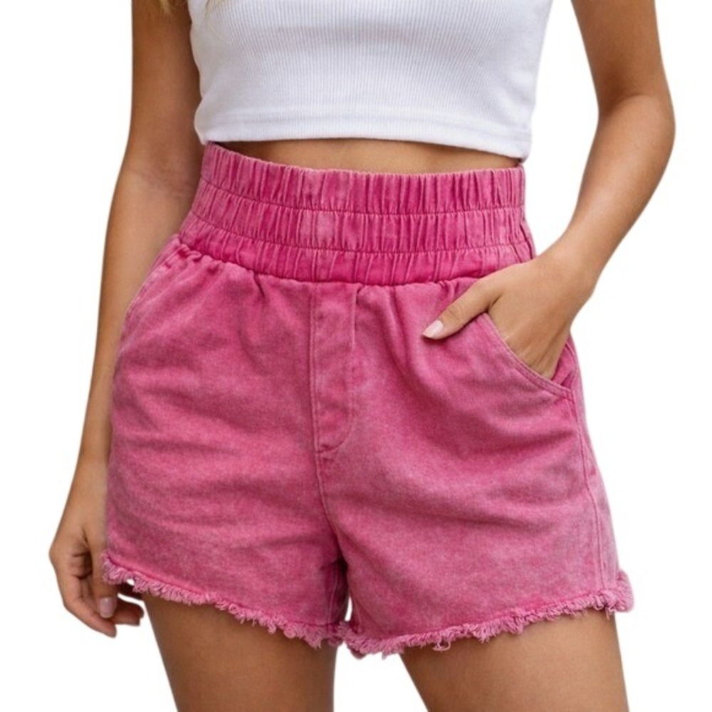 Barbiecore Hot Girl Summer Pink Acid Wash Smocked High Waist Raw Hem Shorts Sz L